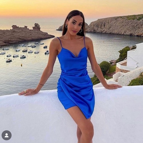 Zara Dresses & Skirts - Zara mini dress  wedding cobalt blue drapped satin effect party coctail ruched